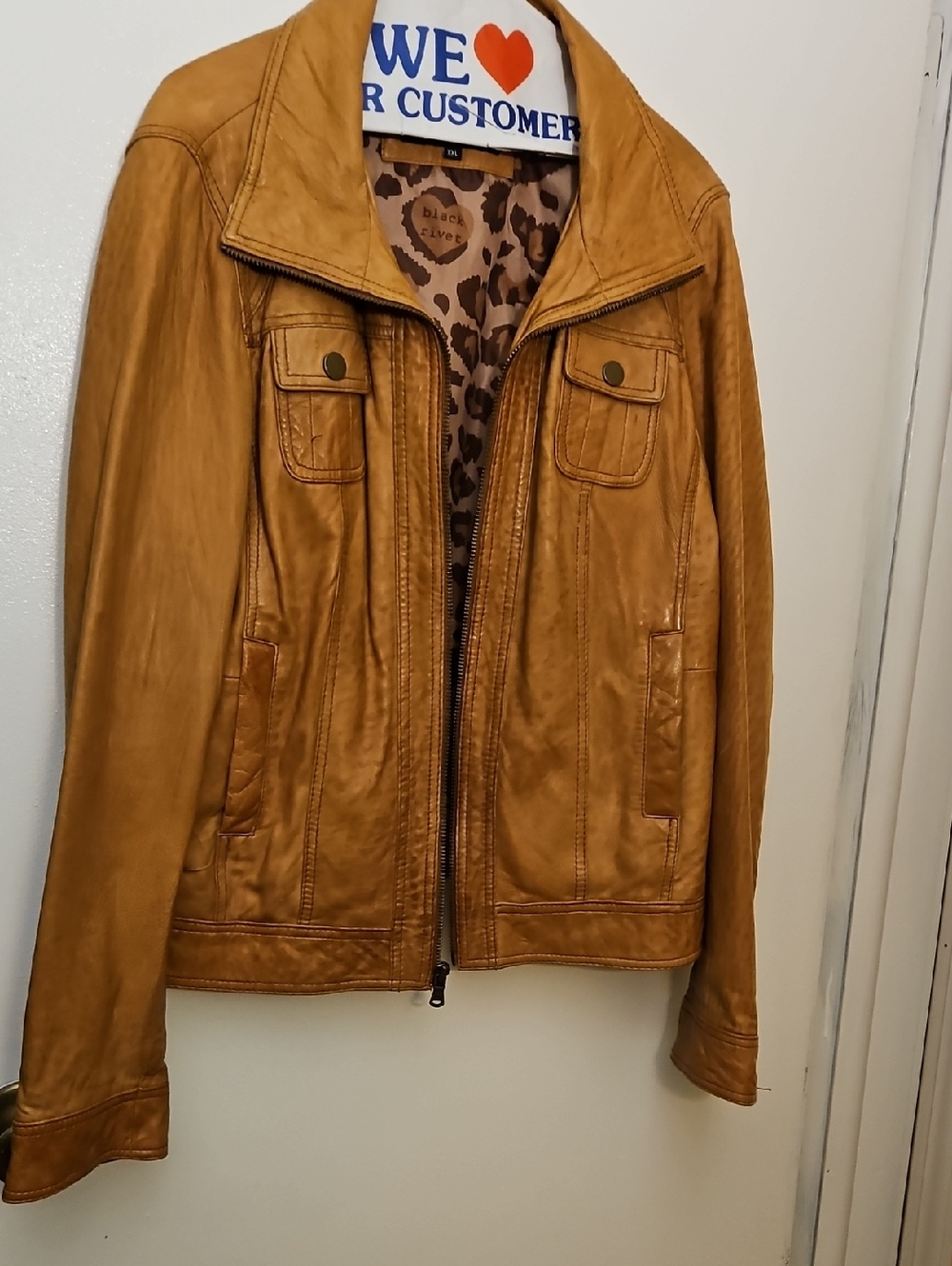 Mustard Tan Leather Jacket with Leopard Lining